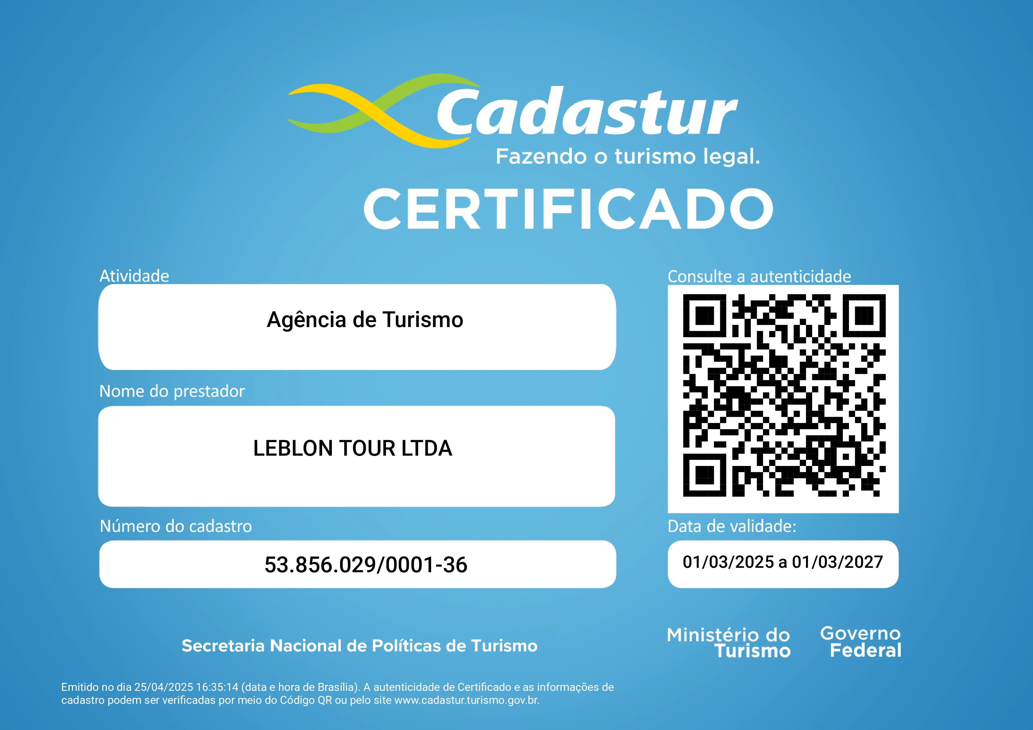 Cadastur Leblon Turismo 53856029000136