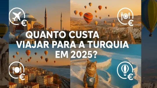 Infográfico ‘Custos de viagem Turquia 2025’ com mapa destacando Istambul, Capadócia e Pamukkale.